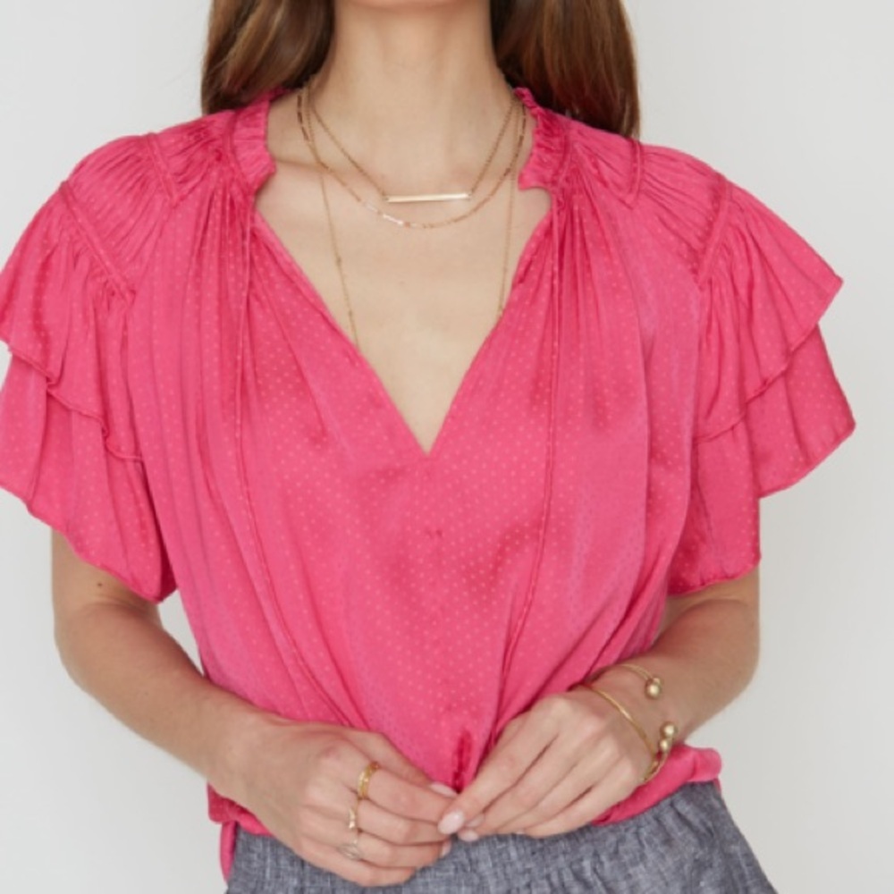 Caballero Kelsie Ruffle Sleeve Blouse Pink Fuchsia Dot Size Small
